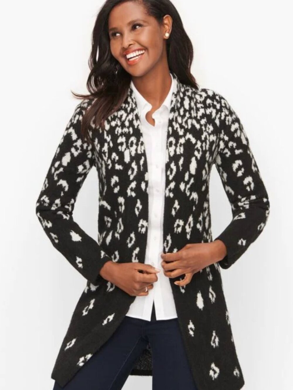 Talbots Black & White Leopard Print Open Front Cardigan Sweater | Size Small